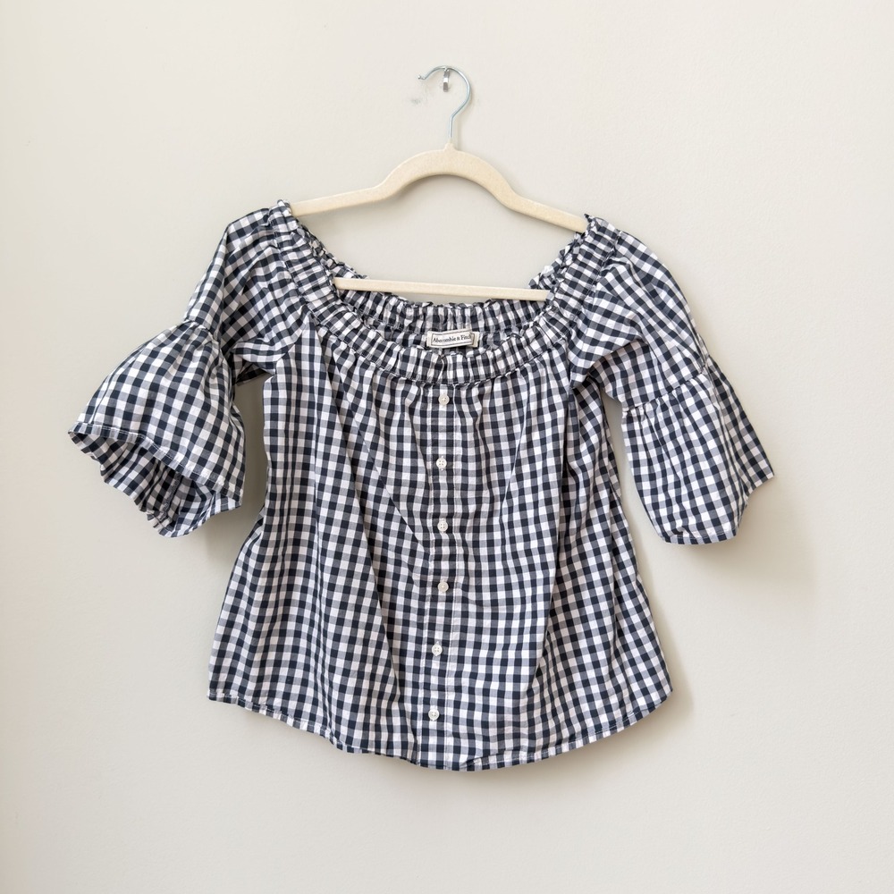 Preppy Abercrombie & Fitch Gingham Plaid Off The Shoulder Peasant Blouse Size XS